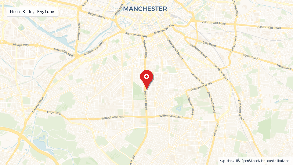 Street map of Moss Side, England with location pin