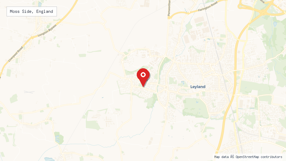 Street map of Moss Side, England with location pin