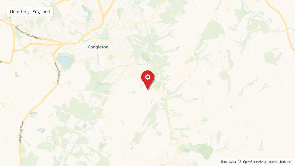 Street map of Mossley, England with location pin