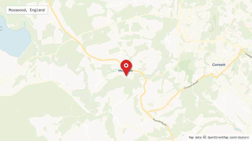 Street map of Mosswood, England with location pin