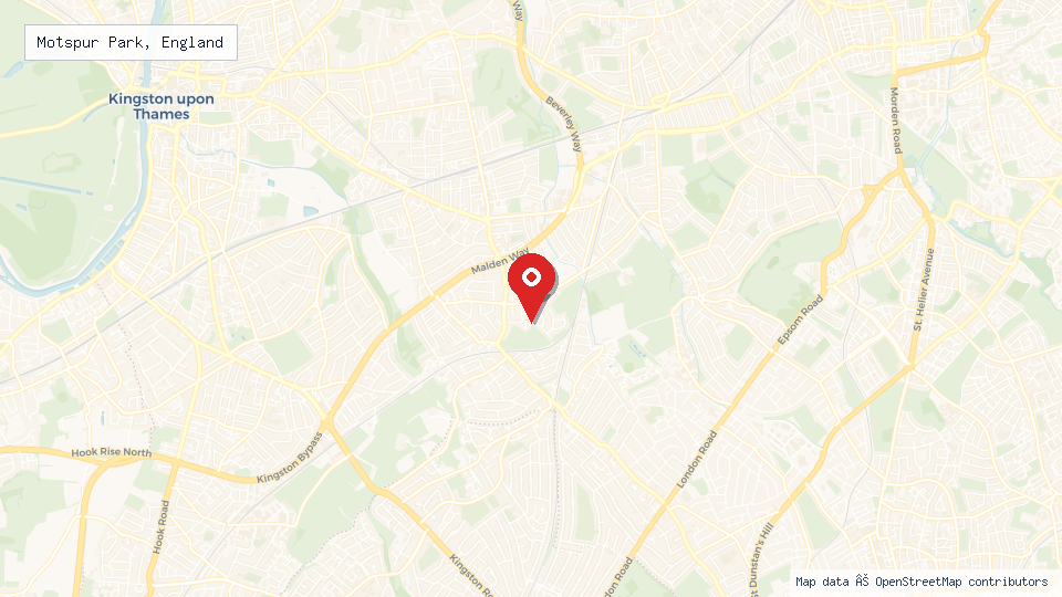 Street map of Motspur Park, England with location pin