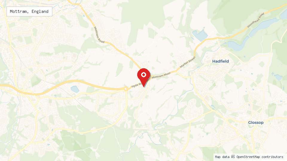 Street map of Mottram, England with location pin