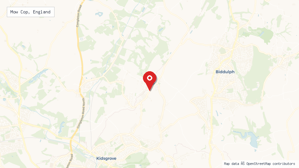 Street map of Mow Cop, England with location pin