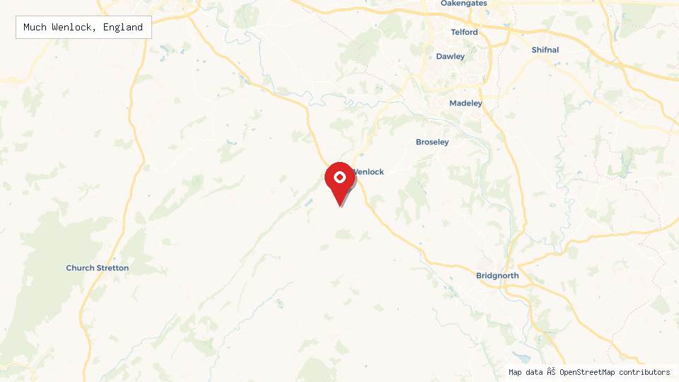 Street map of Much Wenlock, England with location pin