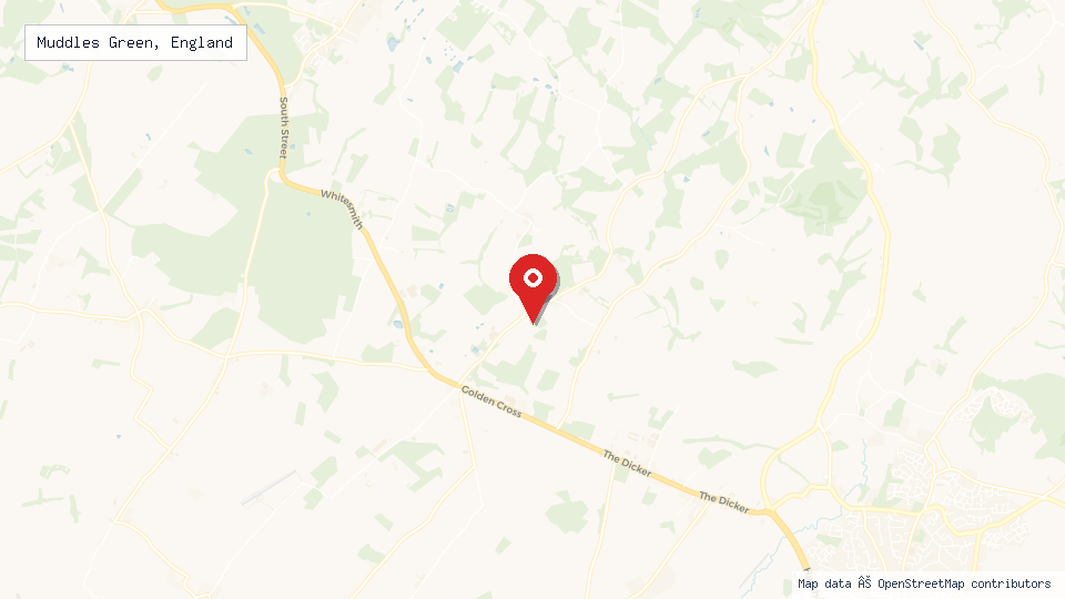 Street map of Muddles Green, England with location pin