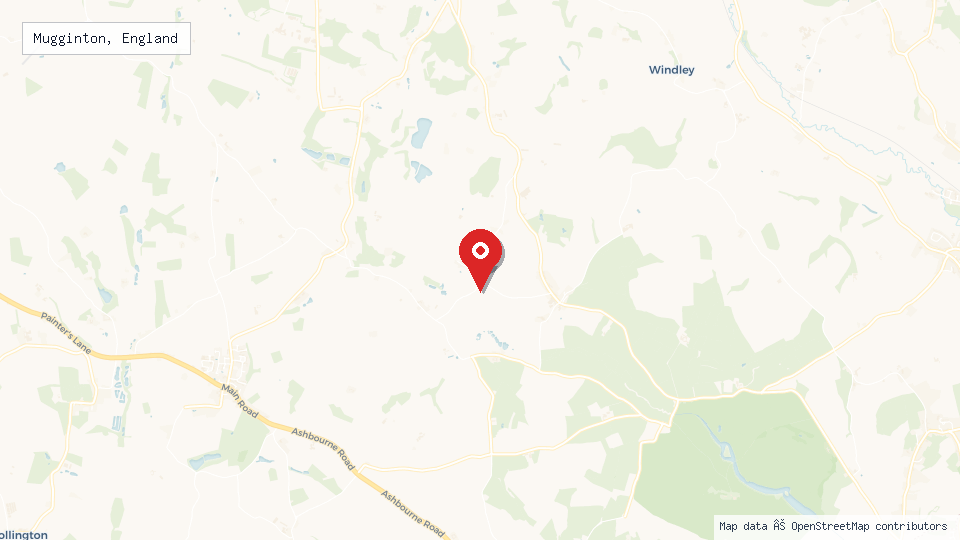 Street map of Mugginton, England with location pin