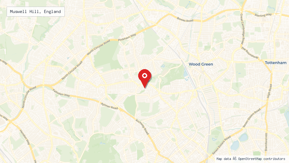 Street map of Muswell Hill, England with location pin