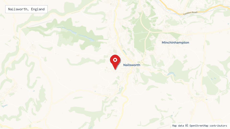 Street map of Nailsworth, England with location pin