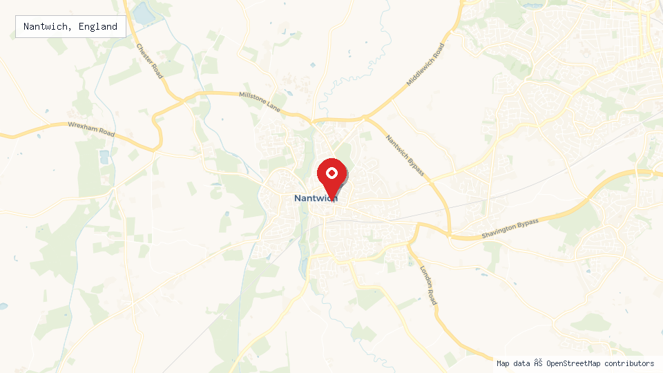 Street map of Nantwich, England with location pin