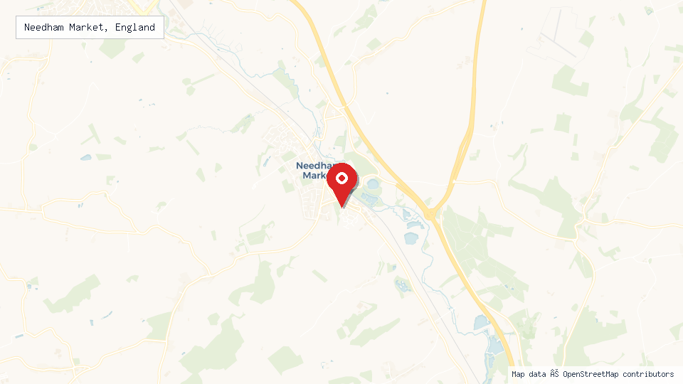 Street map of Needham Market, England with location pin