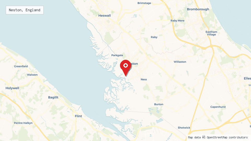 Street map of Neston, England with location pin