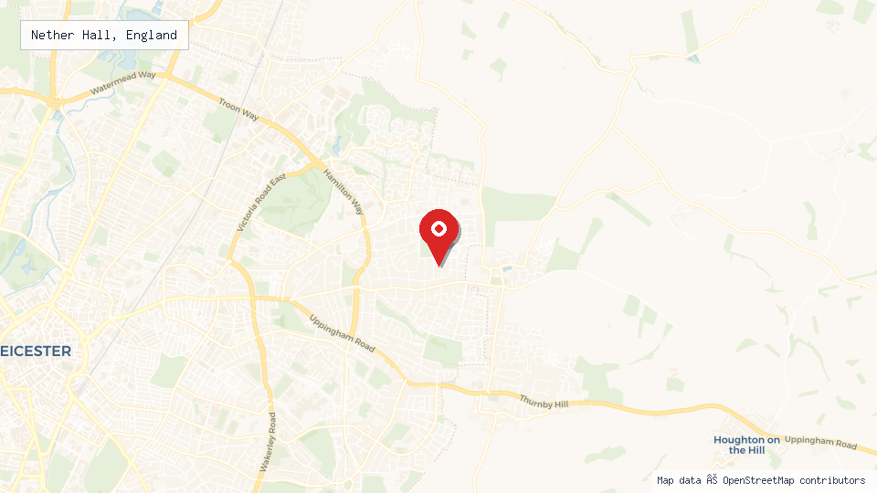 Street map of Nether Hall, England with location pin