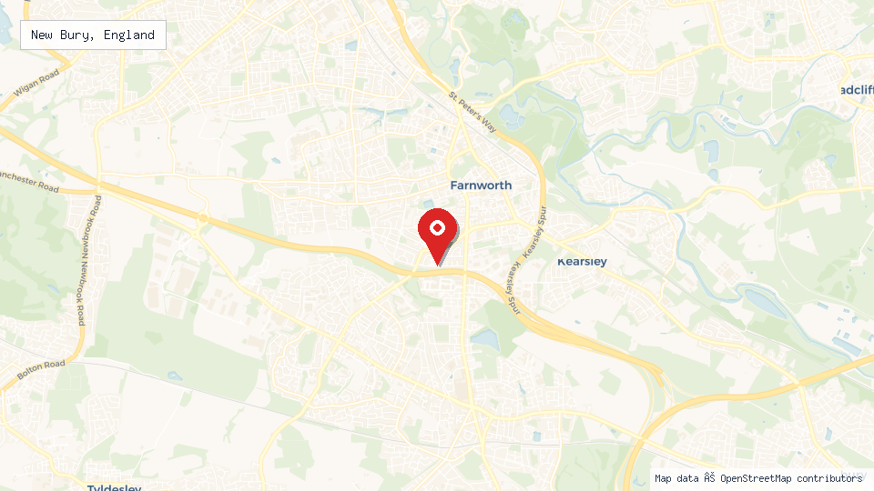 Street map of New Bury, England with location pin