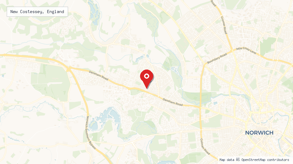 Street map of New Costessey, England with location pin