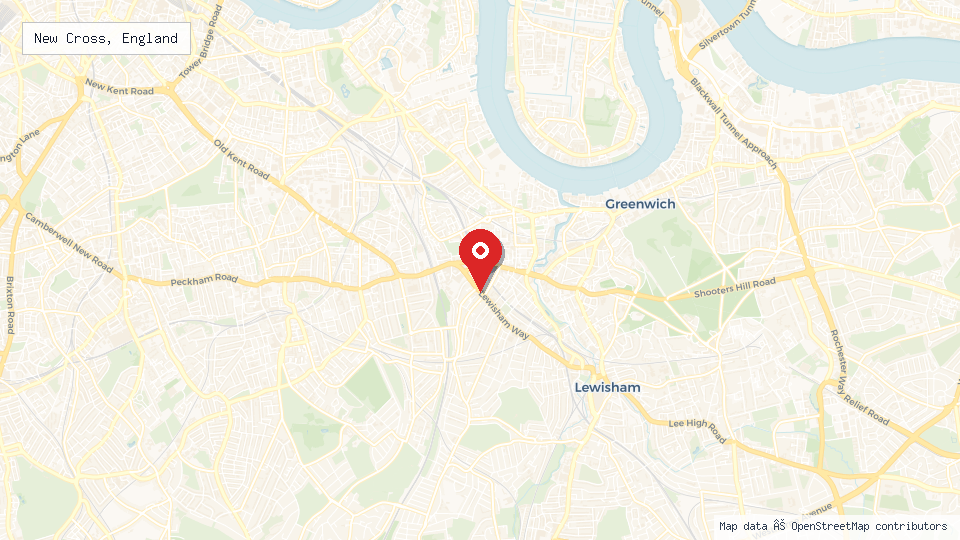 Street map of New Cross, England with location pin