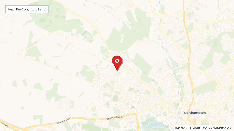 Street map of New Duston, England with location pin
