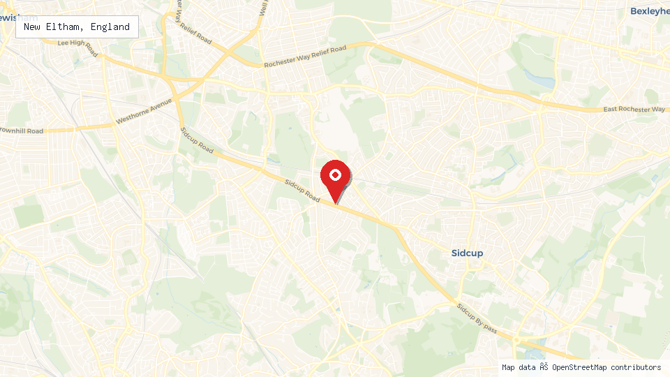 Street map of New Eltham, England with location pin