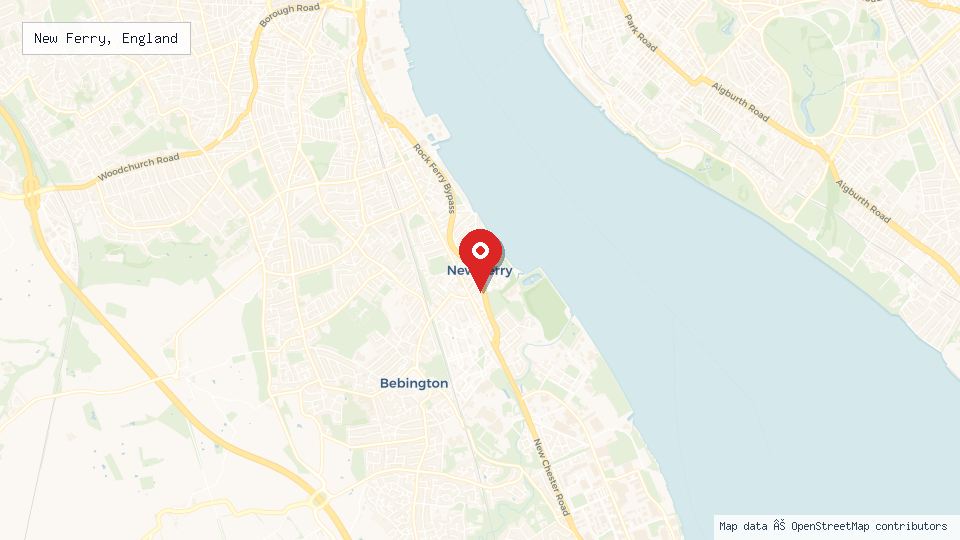 Street map of New Ferry, England with location pin