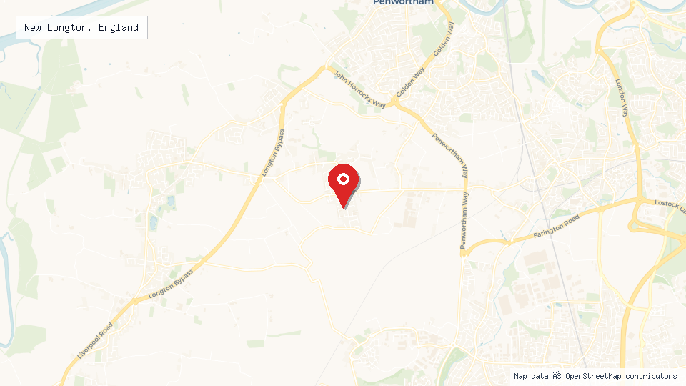 Street map of New Longton, England with location pin