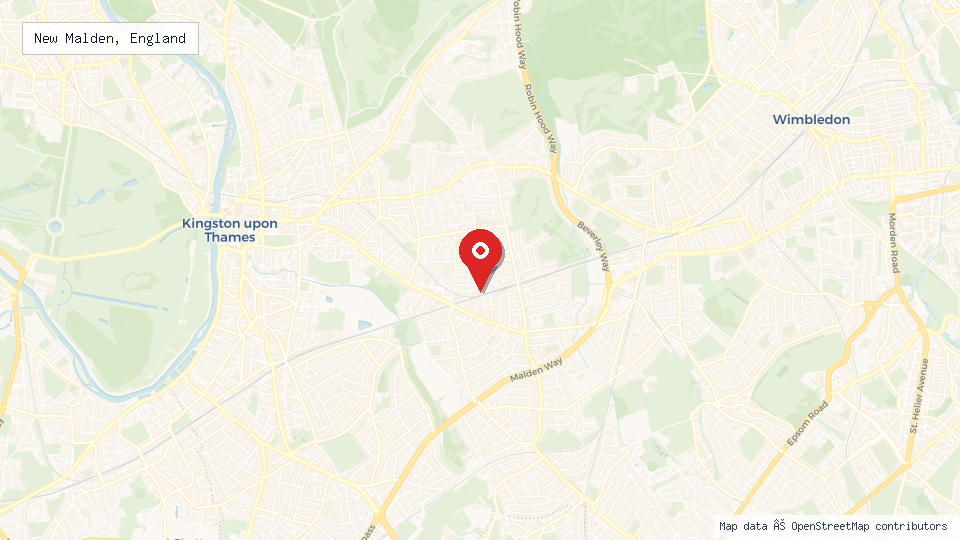 Street map of New Malden, England with location pin
