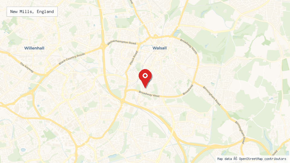 Street map of New Mills, England with location pin