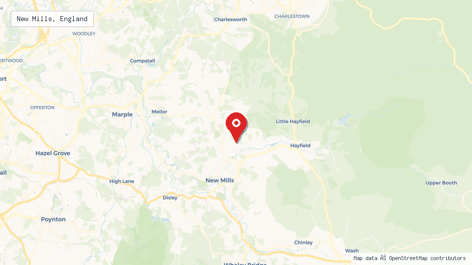Street map of New Mills, England with location pin