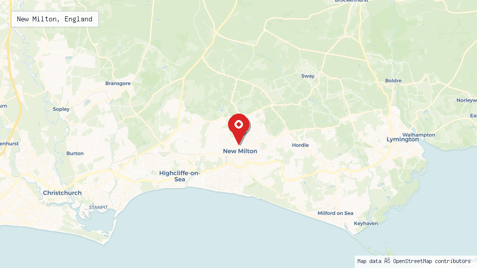Street map of New Milton, England with location pin