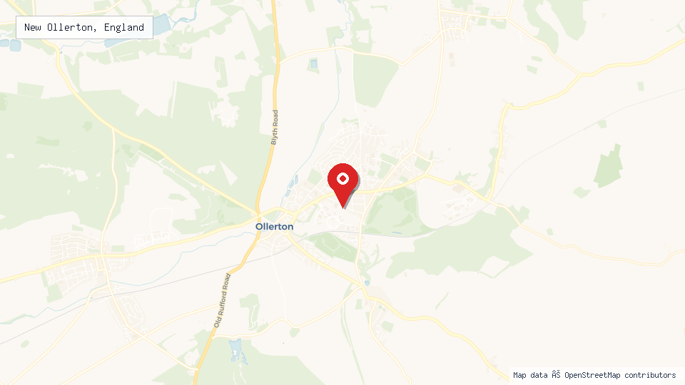 Street map of New Ollerton, England with location pin