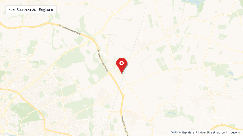 Street map of New Rackheath, England with location pin