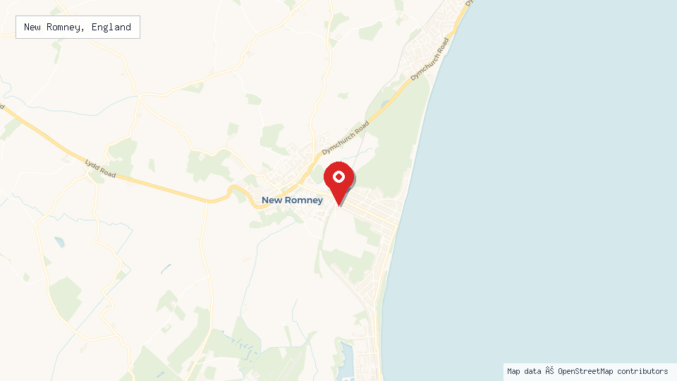 Street map of New Romney, England with location pin