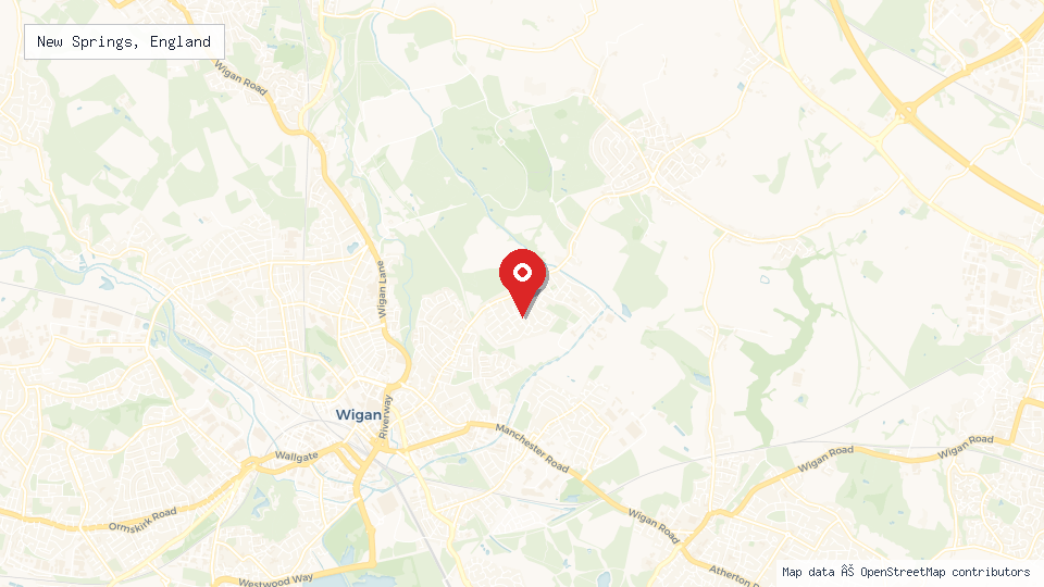 Street map of New Springs, England with location pin