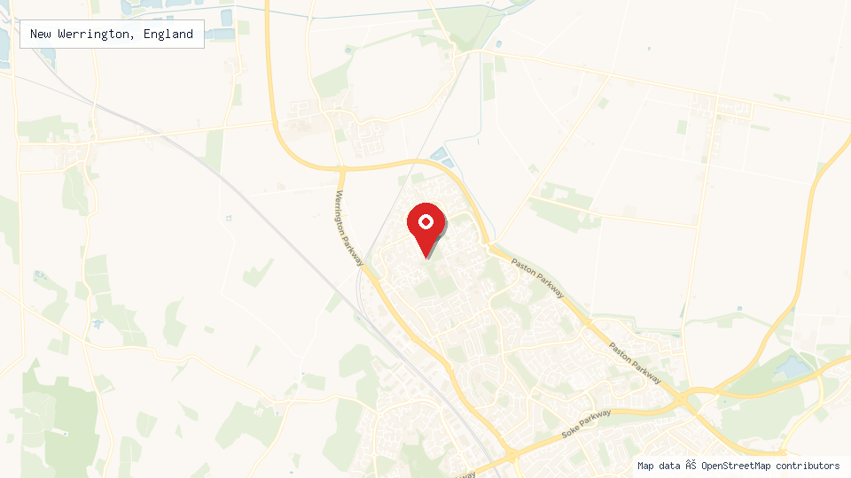 Street map of New Werrington, England with location pin