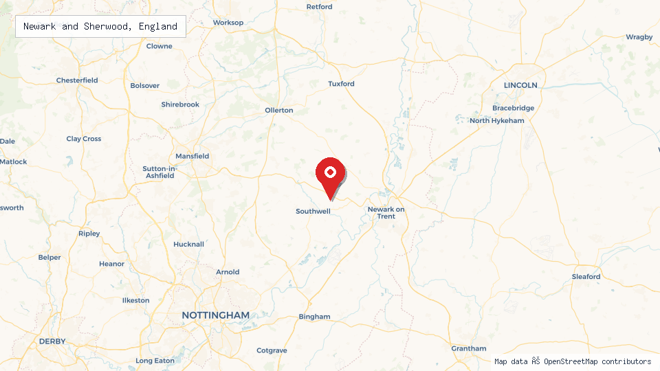 Street map of Newark and Sherwood, England with location pin