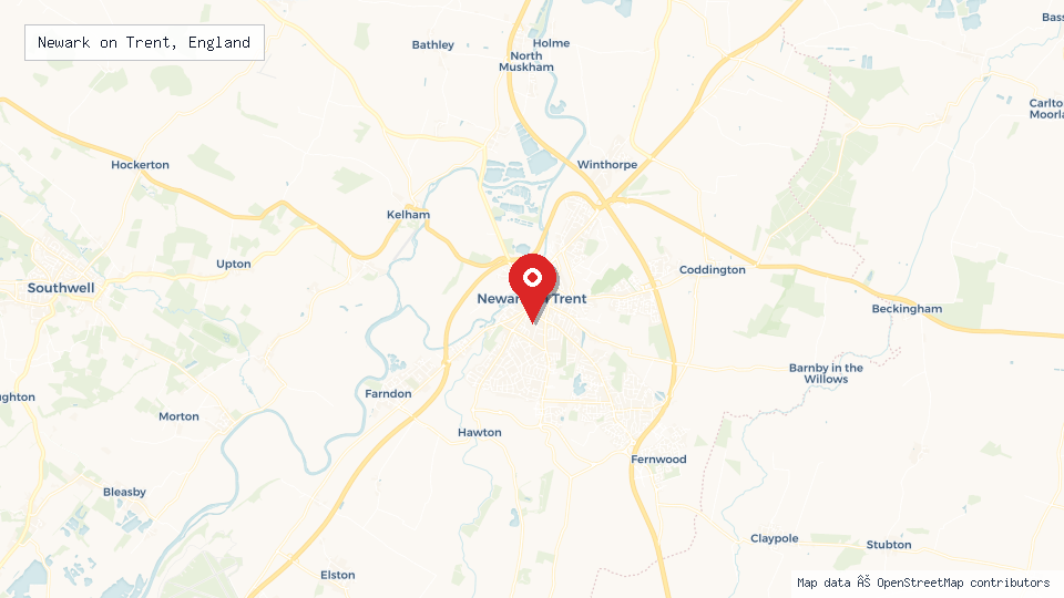 Street map of Newark on Trent, England with location pin