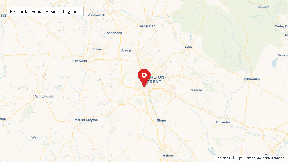 Street map of Newcastle-under-Lyme, England with location pin