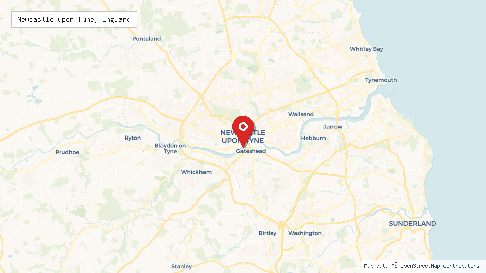 Street map of Newcastle upon Tyne, England with location pin