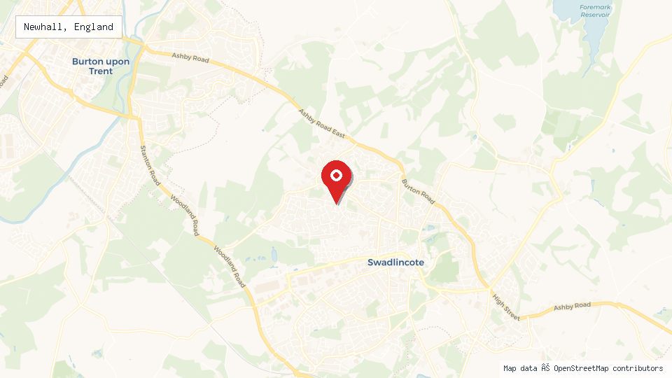 Street map of Newhall, England with location pin