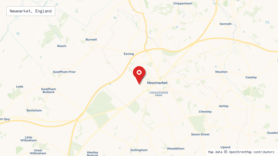Street map of Newmarket, England with location pin