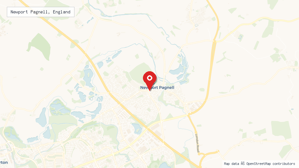 Street map of Newport Pagnell, England with location pin