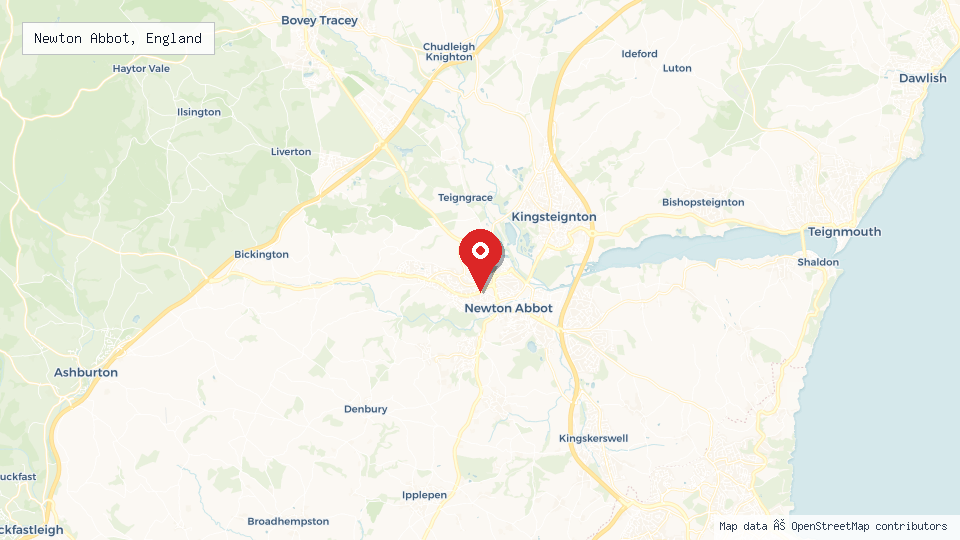 Street map of Newton Abbot, England with location pin