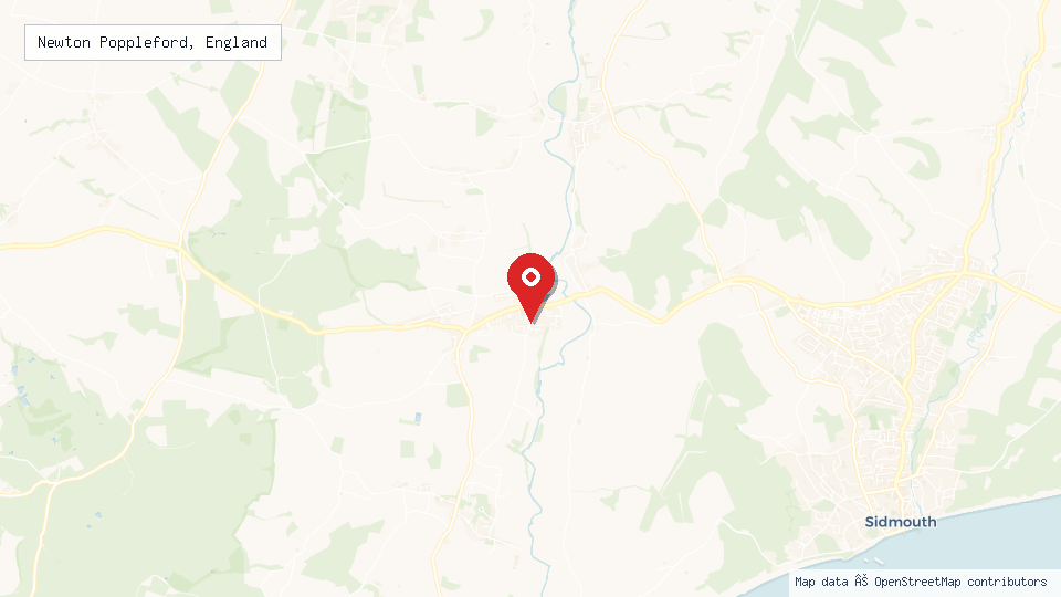 Street map of Newton Poppleford, England with location pin