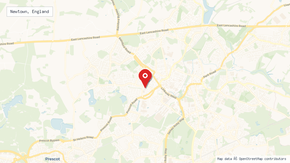 Street map of Newtown, England with location pin