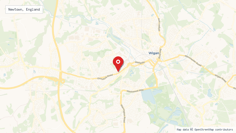 Street map of Newtown, England with location pin