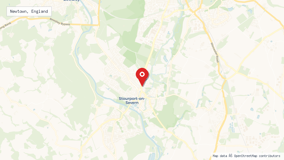 Street map of Newtown, England with location pin