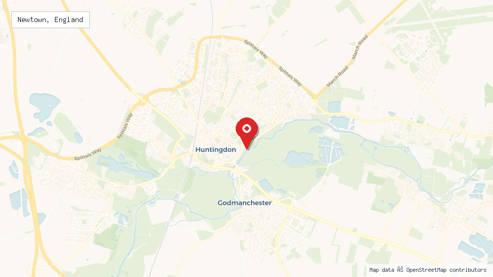 Street map of Newtown, England with location pin