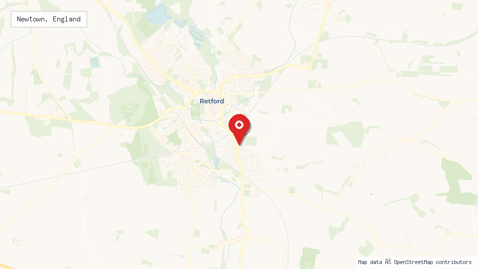 Street map of Newtown, England with location pin