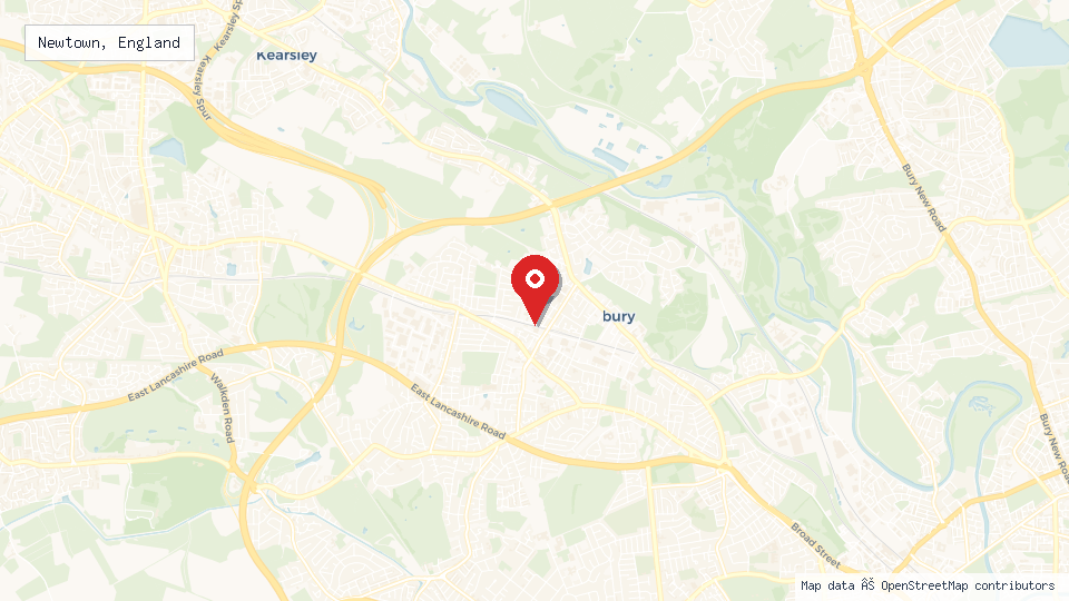 Street map of Newtown, England with location pin