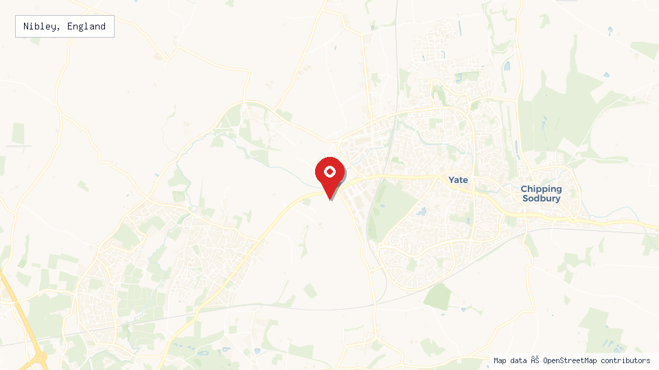 Street map of Nibley, England with location pin