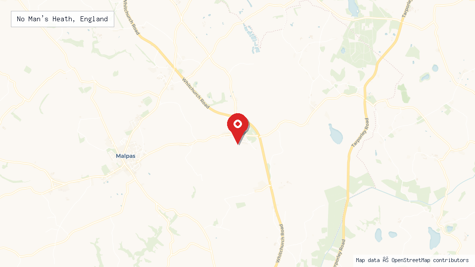 Street map of No Man's Heath, England with location pin