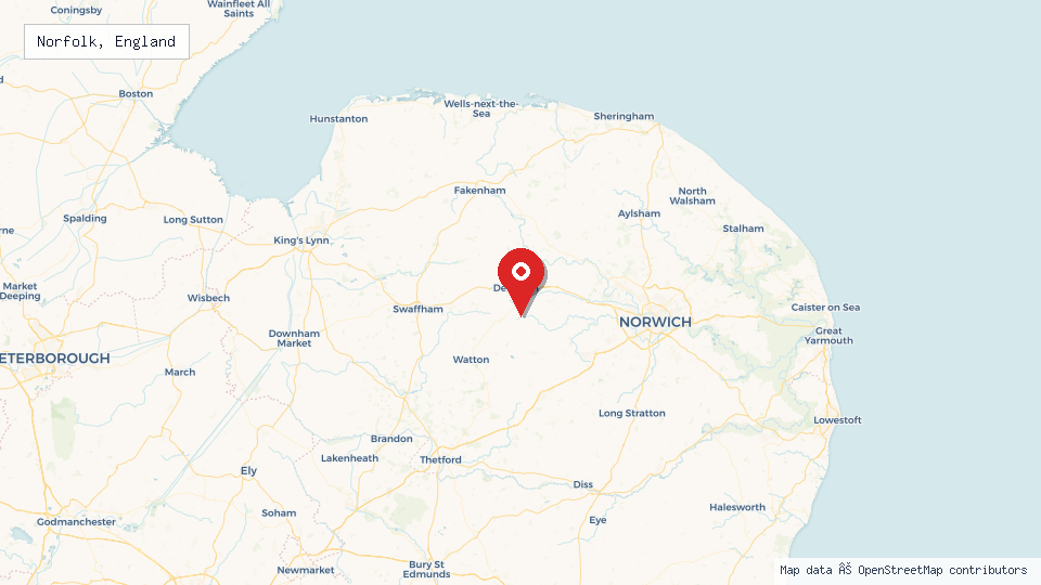 Street map of Norfolk, England with location pin